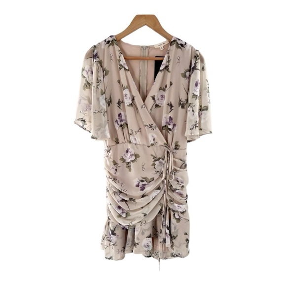 JUST ME Women's Medium Floral Taupe Dress Ruched Draped Above Knee size M - Picture 2 of 12